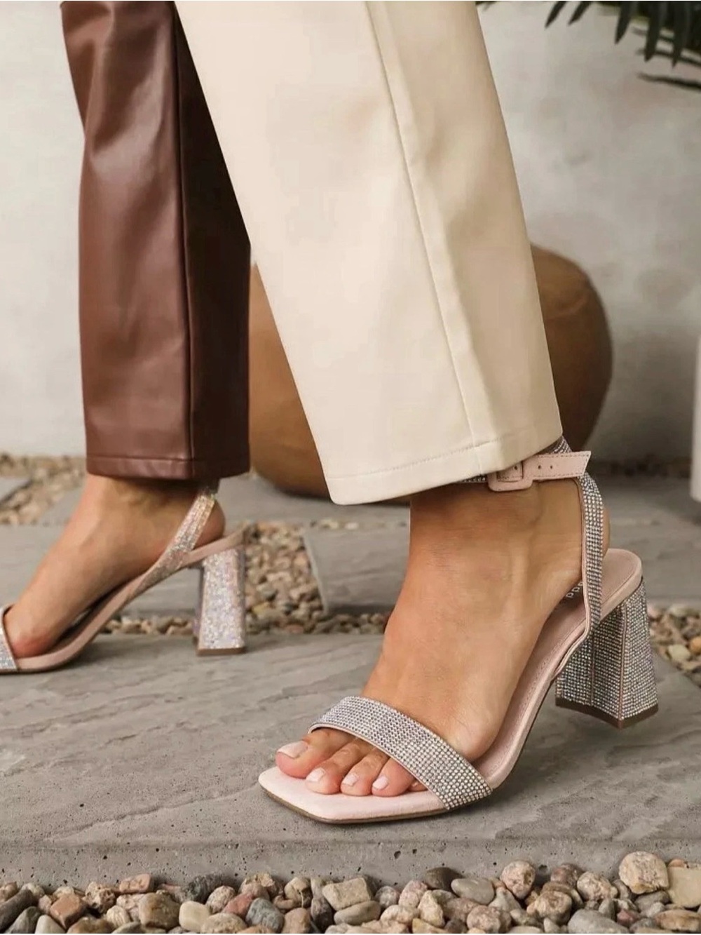 Madden Girl Blush Pink Rhinestone Block Heel Sandals Size 9